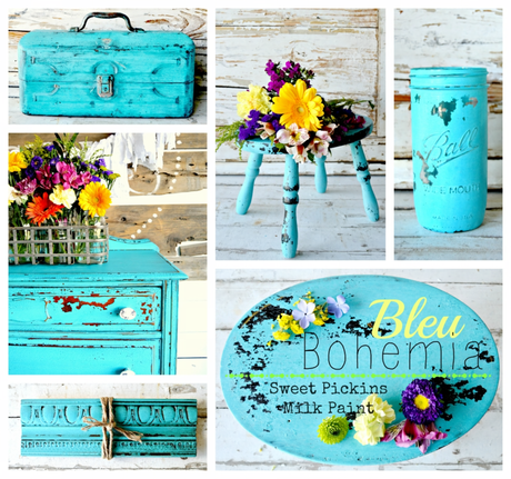 Turquoise collage with flowers, “Bleu Bohemia” text, Old Fashioned Milk Paint by Sweet Pickins.