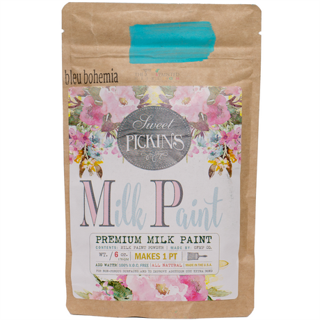 Bleu Bohemia Sweet Pickins Milk Paint pouch by Old Fashioned Milk Paint with floral design and eco-friendly label.
