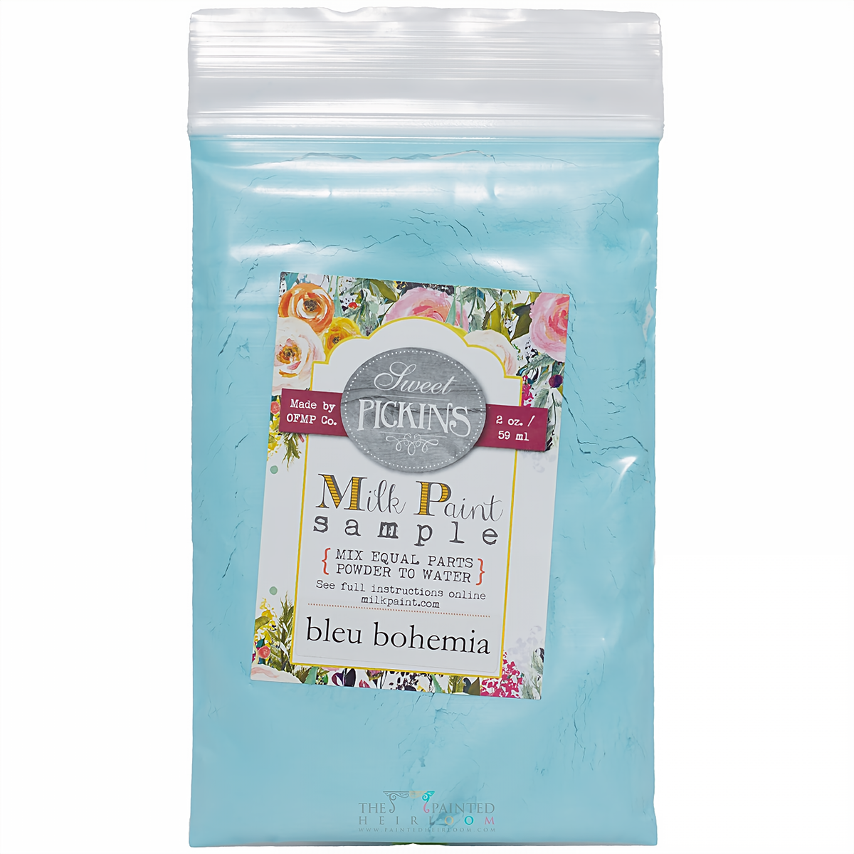 Old Fashioned Milk Paint Bleu Bohemia Sample, powdered formula in a resealable, non-toxic bag for mixing with water.
