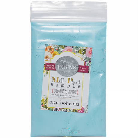 Old Fashioned Milk Paint Bleu Bohemia Sample, powdered formula in a resealable, non-toxic bag for mixing with water.
