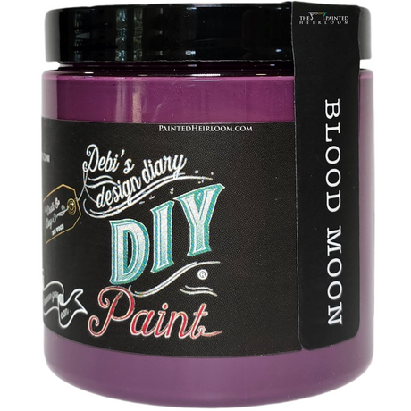 Purple jar labeled “DIY Paint Co. Blood Moon” eco-friendly clay and chalk paint with a black label strip.