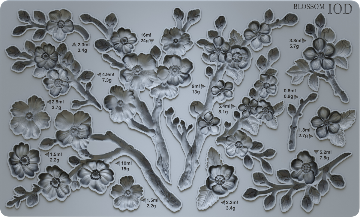 Silicone Blossom Mould by I.O.D. featuring cherry blossom shapes plus labeled volume and weight measurements.