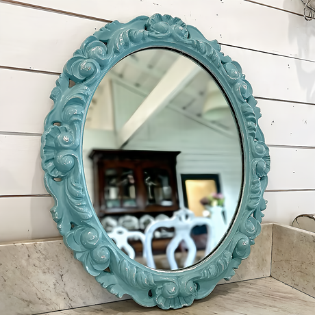 Oval mirror with ornate frame painted in DIY Paint Co. Blue Hills DIY Cottage Color.