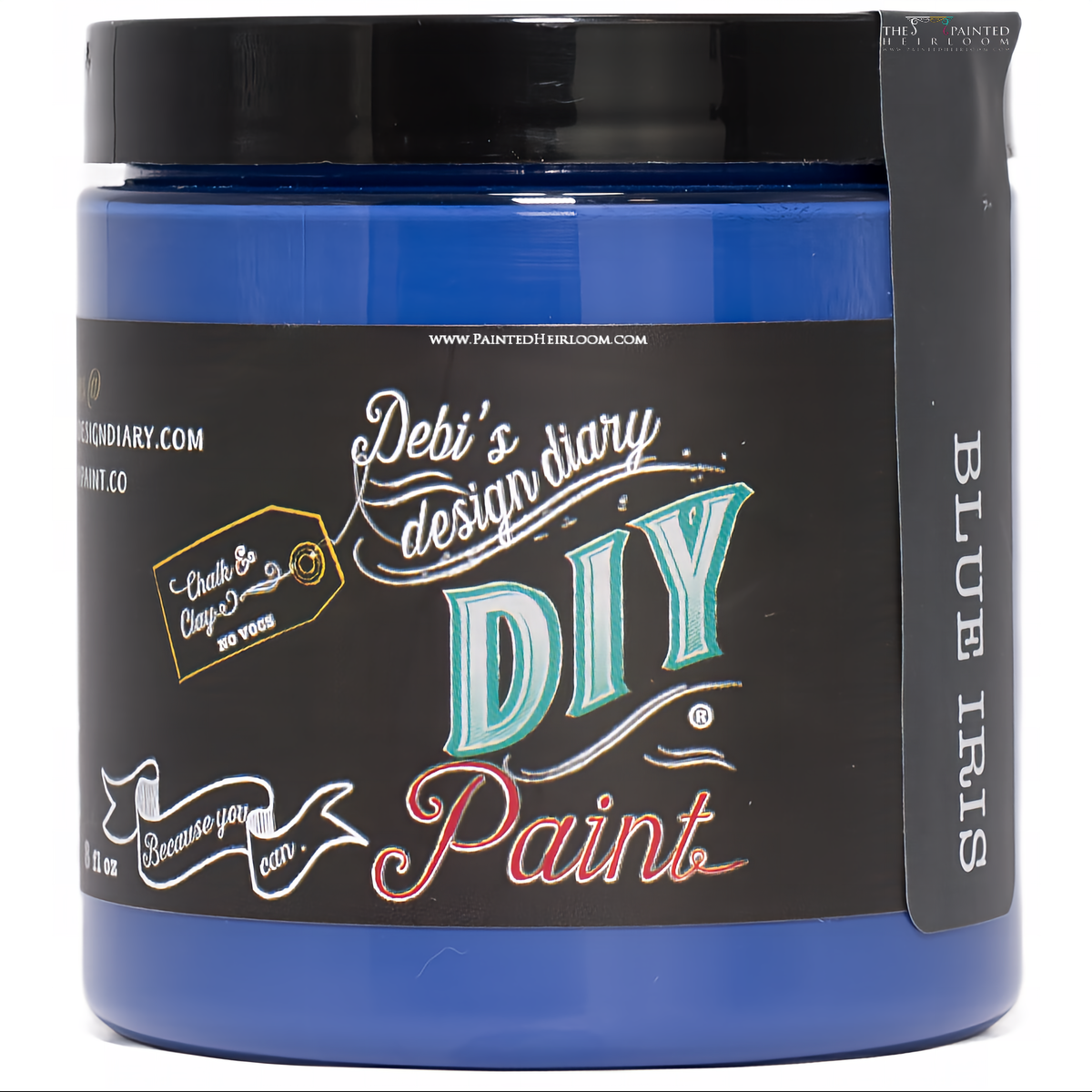 Jar of DIY Paint Co. Blue Iris DIY Paint, labeled as eco-friendly.