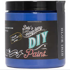 Jar of DIY Paint Co. Blue Iris DIY Paint, labeled as eco-friendly.