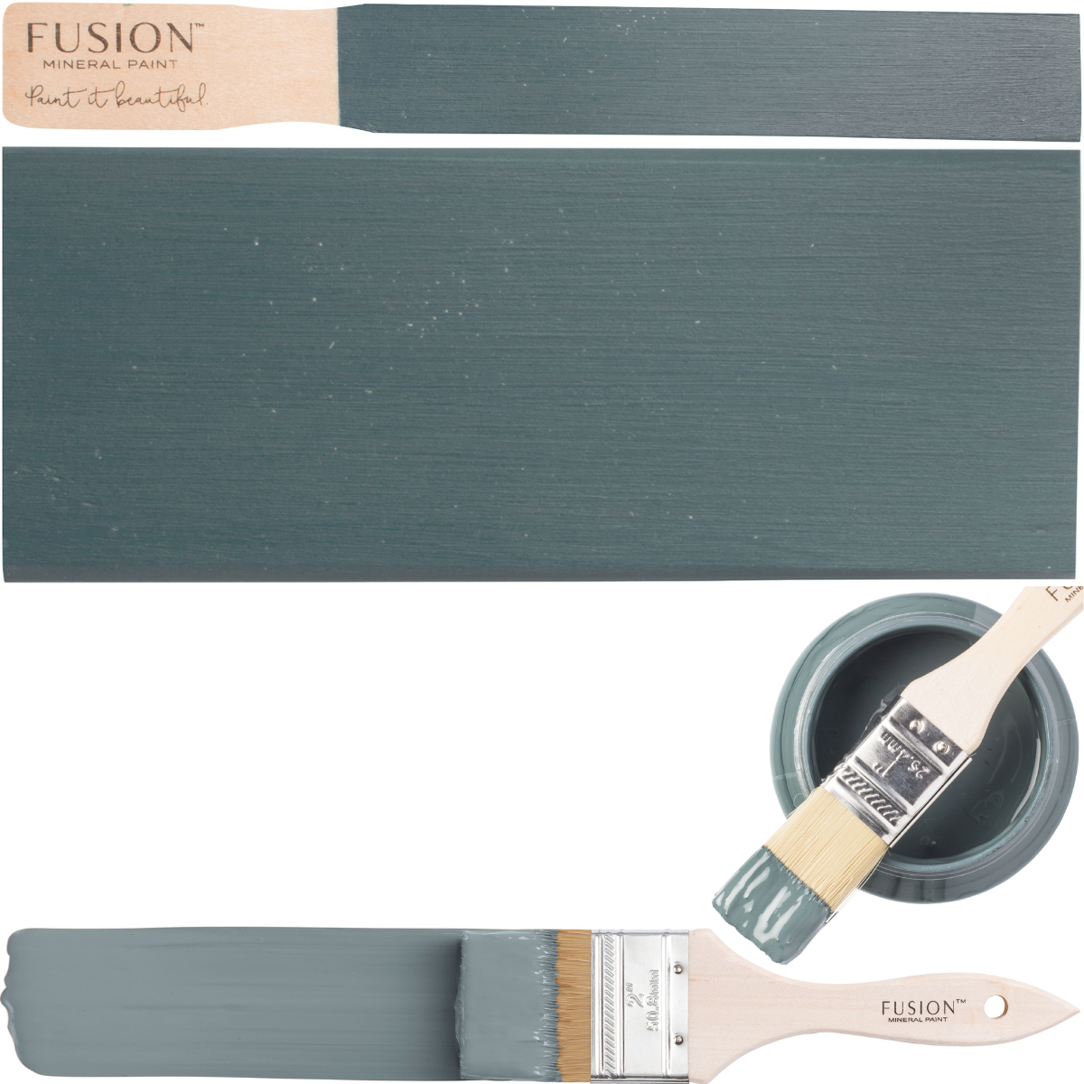 Two brushes, an open can, and a Blue Pine Fusion Mineral Paint sample showing a matte teal-blue finish.