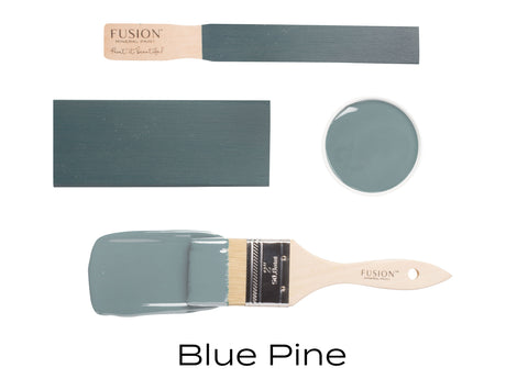 Blue Pine Fusion Mineral Paint swatches with brush, matte finish.