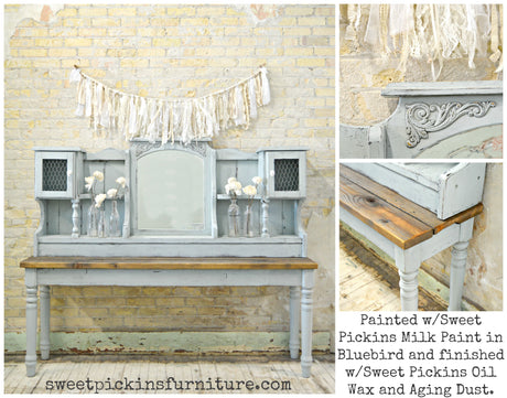 Light blue vintage desk painted in Old Fashioned Milk Paint Bluebird, non-toxic and VOC-free.