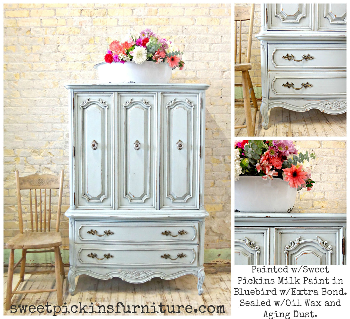 Bluebird armoire with ornate floral top, painted in Old Fashioned Milk Paint, chair positioned beside it.