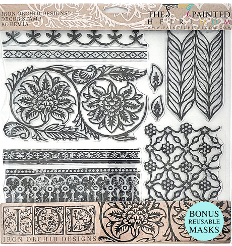 IOD Bohemia Stamp (Retired) with floral, vine, and lace motifs; includes Bonus Reusable Masks label.
