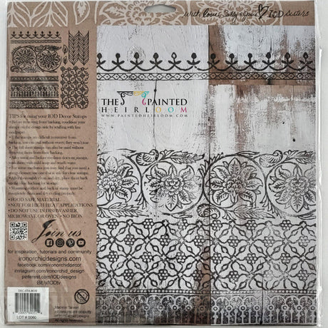 Bohemia Stamp (Retired) by I.O.D. on rustic wood, shown with floral silicone stamps and social media info.