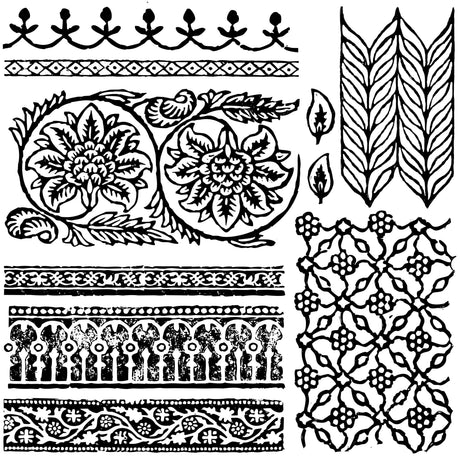 Black and white border patterns inspired by Bohemia Stamp (Retired) from Iron Orchid Designs.