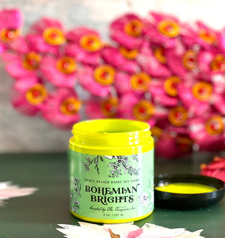 Open jar of Bohemian Brights by DIY Paint Co. displayed on a table.