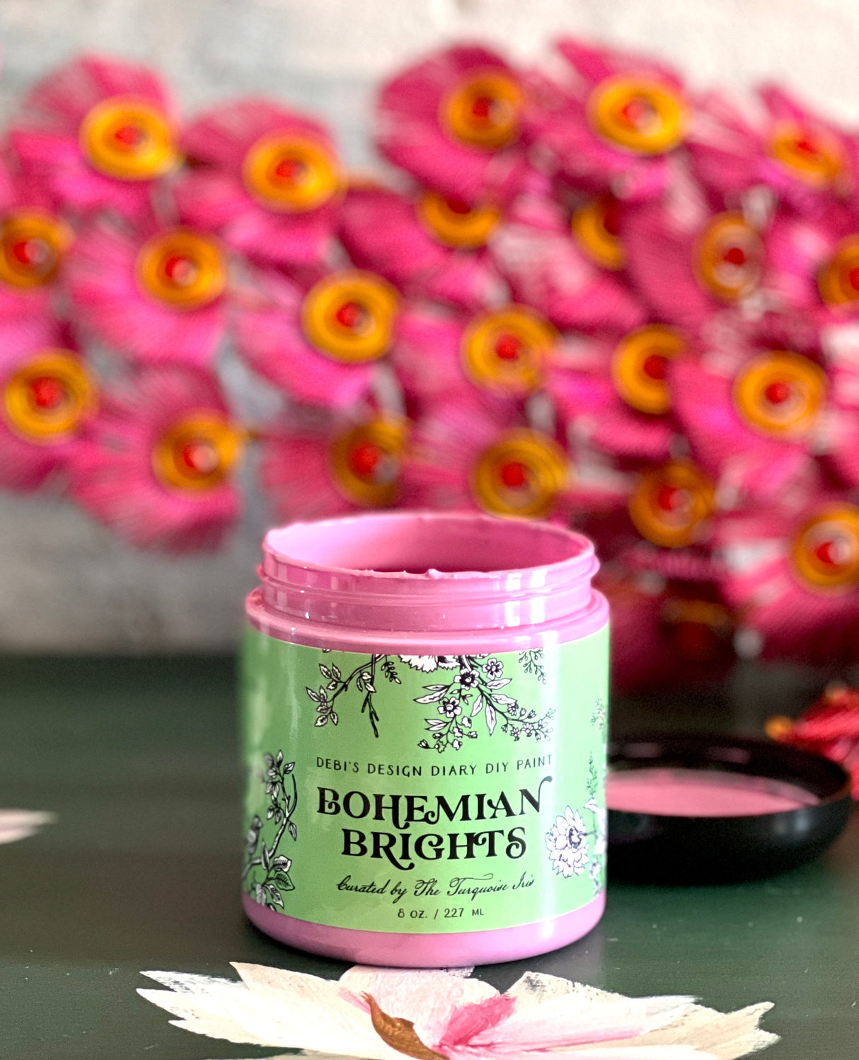 Open jar of Bohemian Brights by DIY Paint Co. displayed on a surface, label visible.