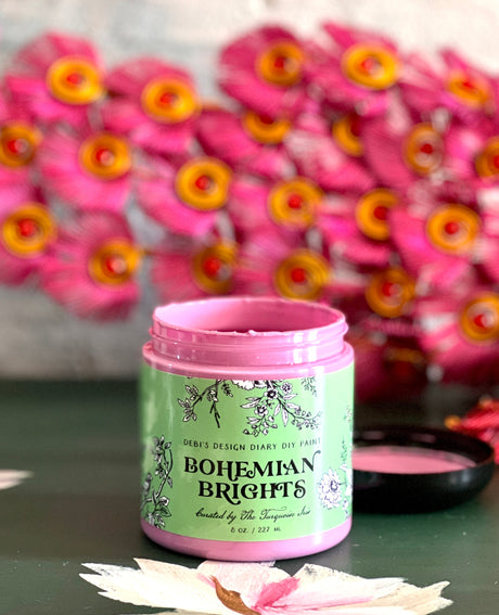 Open jar of Bohemian Brights by DIY Paint Co. displayed on a surface, label visible.