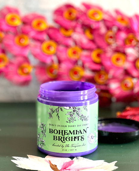 Open jar of Bohemian Brights paint by DIY Paint Co.