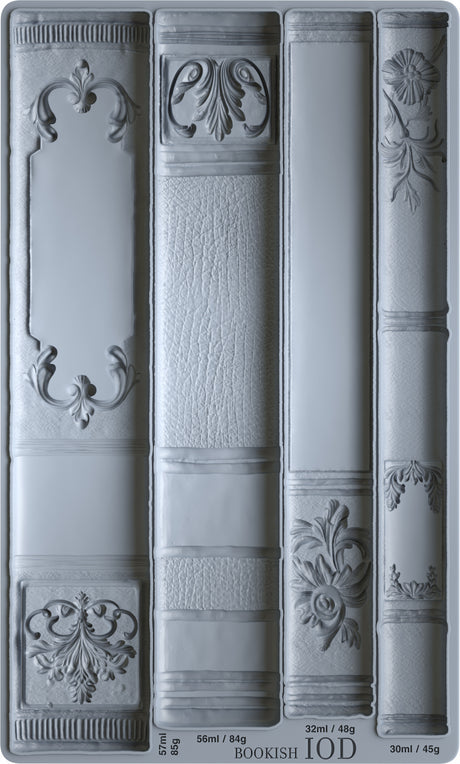 The Bookish Mould by IOD with four vintage book spine designs for faux library decor. Brand: I.O.D.