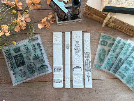The Connoisseur’s Library Mini Stamp by I.O.D. designed for floral and vintage book-themed decor enthusiasts.