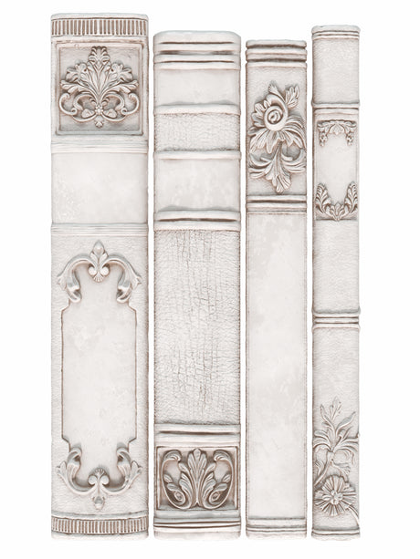 Set of four light-hued vintage-style book spines, I.O.D. Bookish Mould by Iron Orchid Designs.