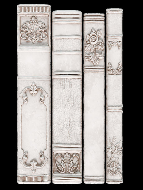 Four white book spines with embossed floral designs for I.O.D. Bookish Mould or faux decor by Iron Orchid Designs.