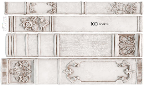 Bookish Mould by IOD featuring five ornate, vintage-style book spine designs.
