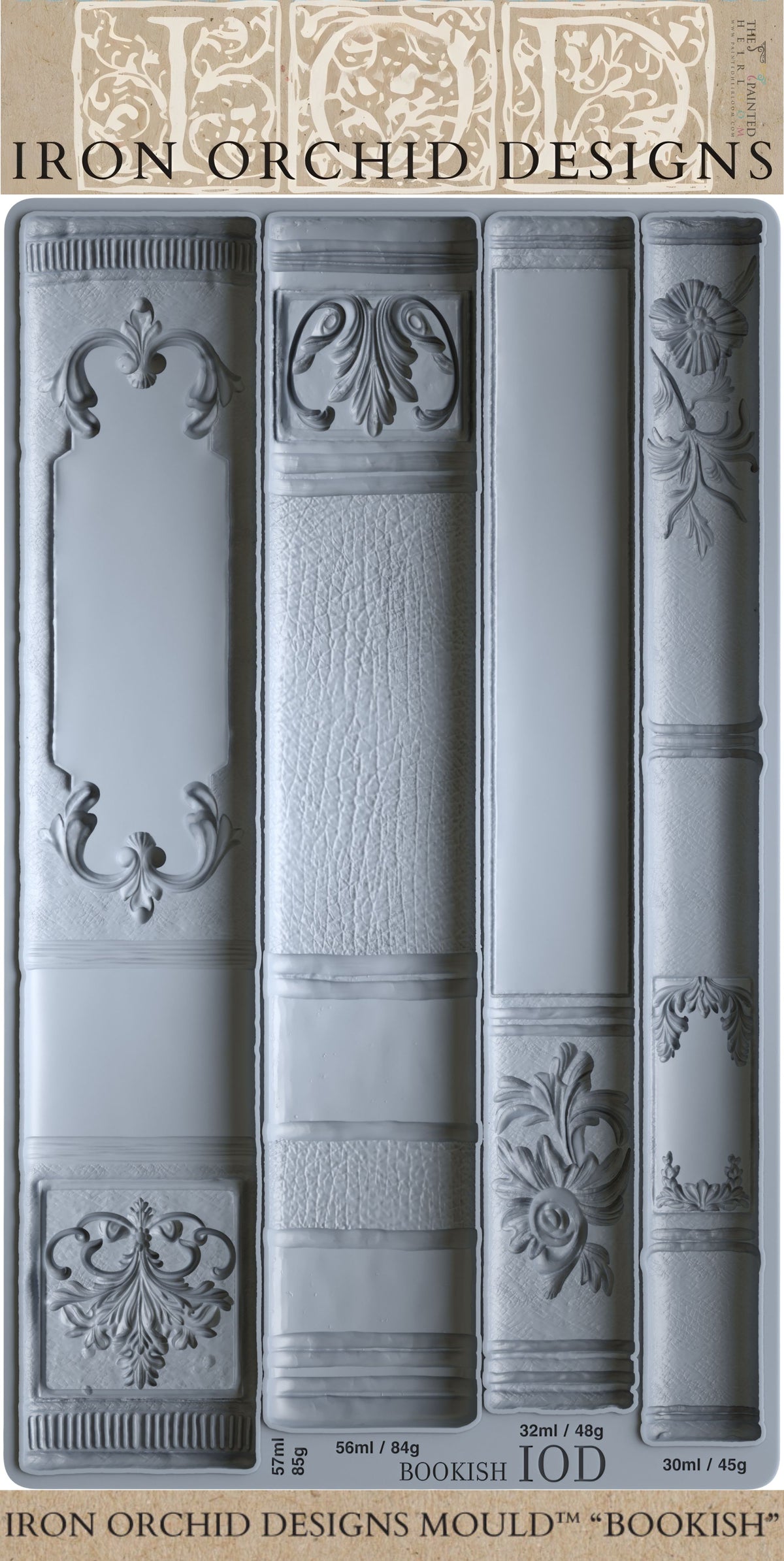 I.O.D. Bookish Mould in gray silicone with four vintage book spine designs for Iron Orchid Designs projects.