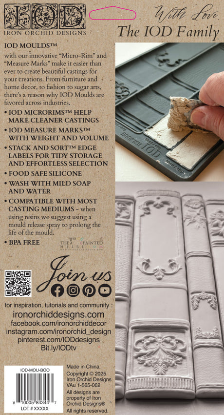 I.O.D. Bookish Mould flyer with vintage book spine trims, product info, and social media details on a tan background.