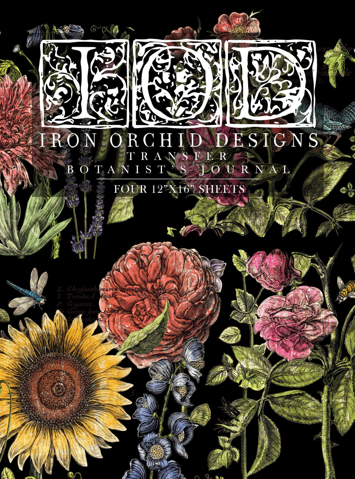 I.O.D. Botanist’s Journal Transfer logo with vivid botanical illustrations on a black background by Iron Orchid Designs.