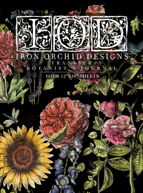 I.O.D. Botanist’s Journal Transfer logo with vivid botanical illustrations on a black background by Iron Orchid Designs.