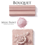 Three shades of pink—molding, powder, and tile—feature Homestead House Bouquet Milk Paint.