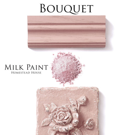 Three shades of pink—molding, powder, and tile—feature Homestead House Bouquet Milk Paint.