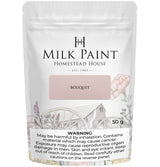 50g Bouquet Milk Paint by Homestead House, floral and farm-themed packaging, visible warning labels.