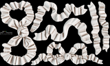 Seven white Bows Mould by I.O.D. ribbon pieces arranged on a black background.