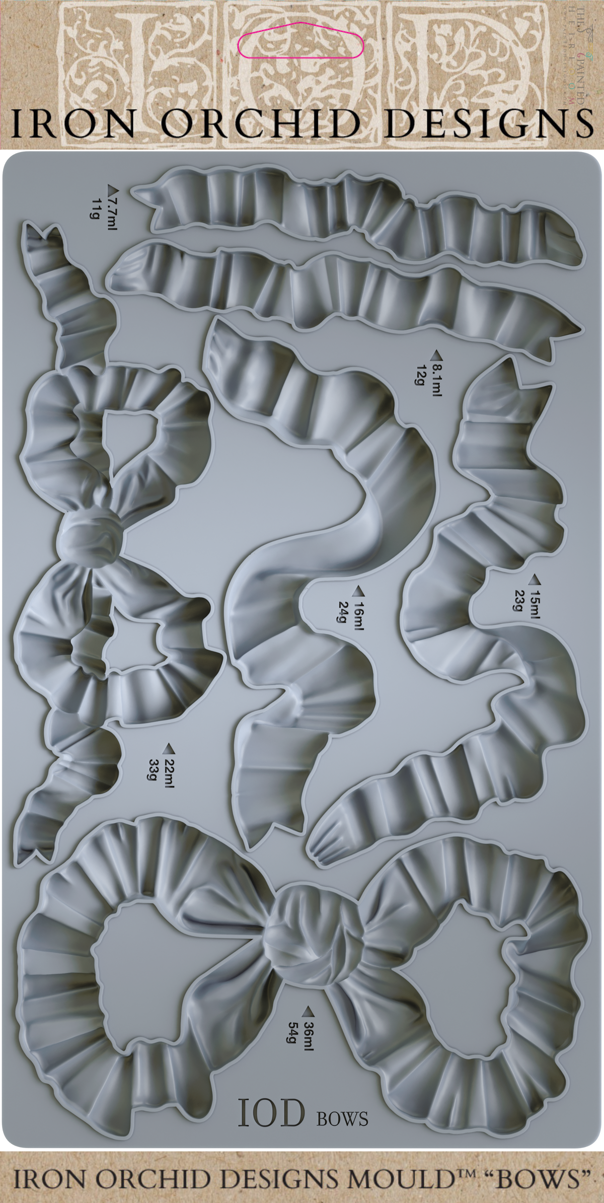 I.O.D. Bows Mould by Iron Orchid Designs, silicone tray with 6 bow-shaped cavities for crafting.