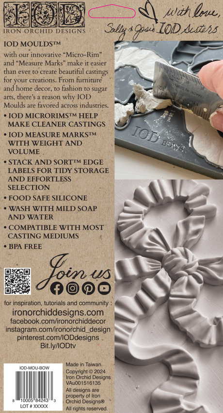 Hand pressing putty into I.O.D. Bows Mould with ruffled moulded pieces and Iron Orchid Designs details nearby.