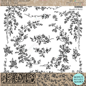 Black brambles, leaves, and berries wreath for Brambles & Berries Stamp by IOD, Iron Orchid Designs.