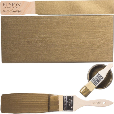 Paintbrush, color swatch, and Bronze Metallic Fusion Mineral Paint by Fusion Mineral Paint displayed together.