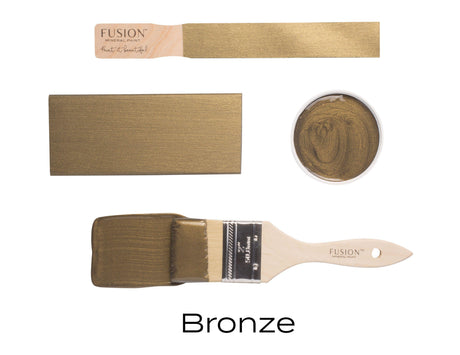 Bronze Metallic Fusion Mineral Paint shown in brushes, swatches, samples, and cans with shimmering bronze color.