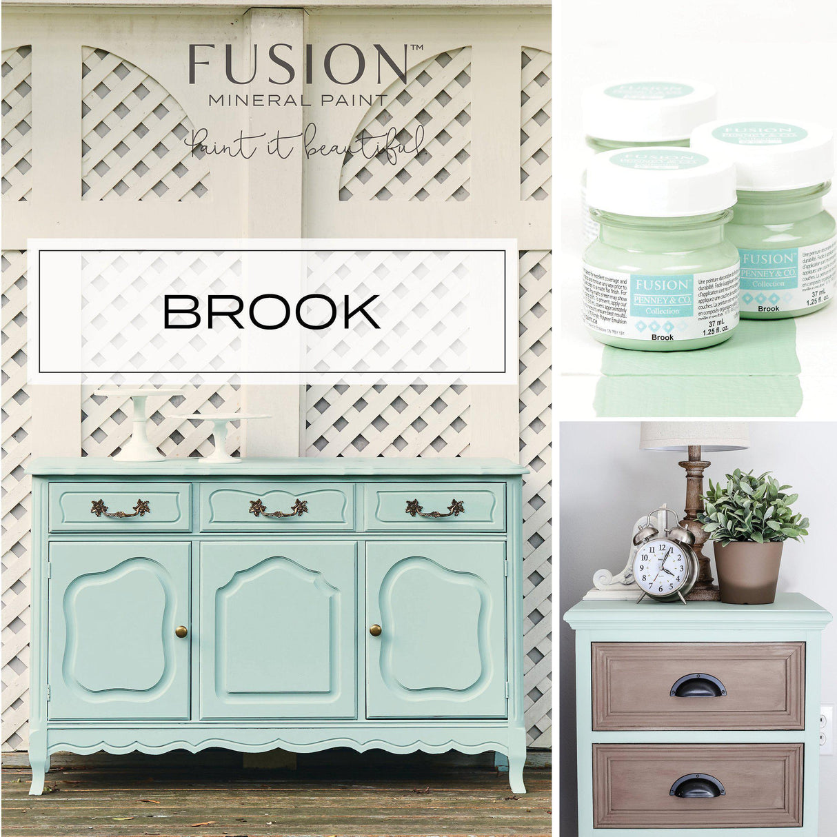 Sideboard and nightstand painted in Fusion Mineral Paint Brook, a vibrant tropical blue-green.