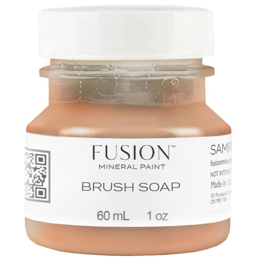 Fusion Mineral Paint Brush Soap, 60mL jar with white lid and barcode label.