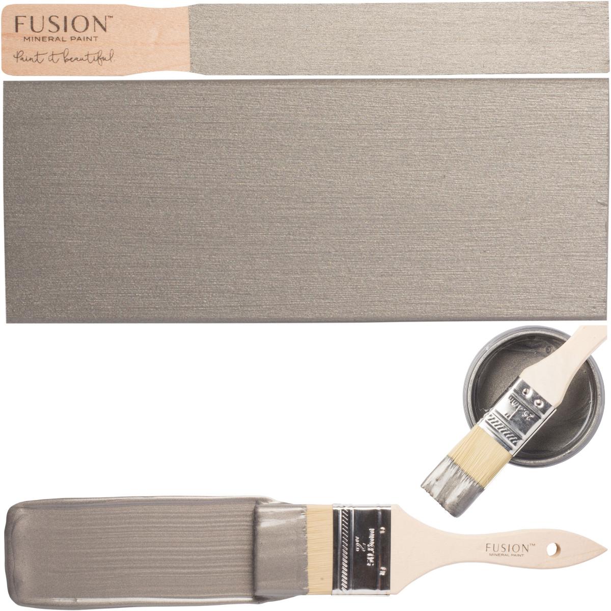 Fusion Mineral Paint Brushed Steel Metallic can with paint sample and brush shown.