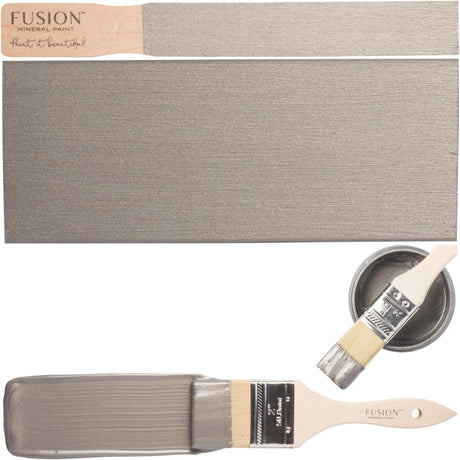 Fusion Mineral Paint Brushed Steel Metallic can with paint sample and brush shown.
