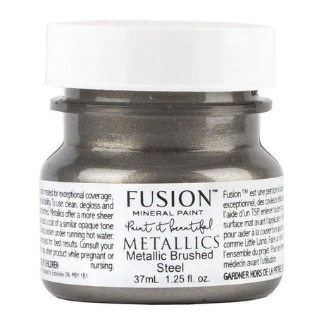 Brushed Steel Metallic Fusion Mineral Paint 37mL jar, dual English and French label, by Fusion Mineral Paint.