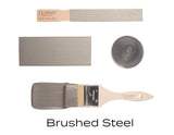 Brushed Steel Metallic Fusion Mineral Paint by Fusion on stirrer, brush, swatch, and container against white background.