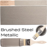 Fusion Mineral Paint Brushed Steel Metallic with paintbrush, metallic gray swatch, and open can.