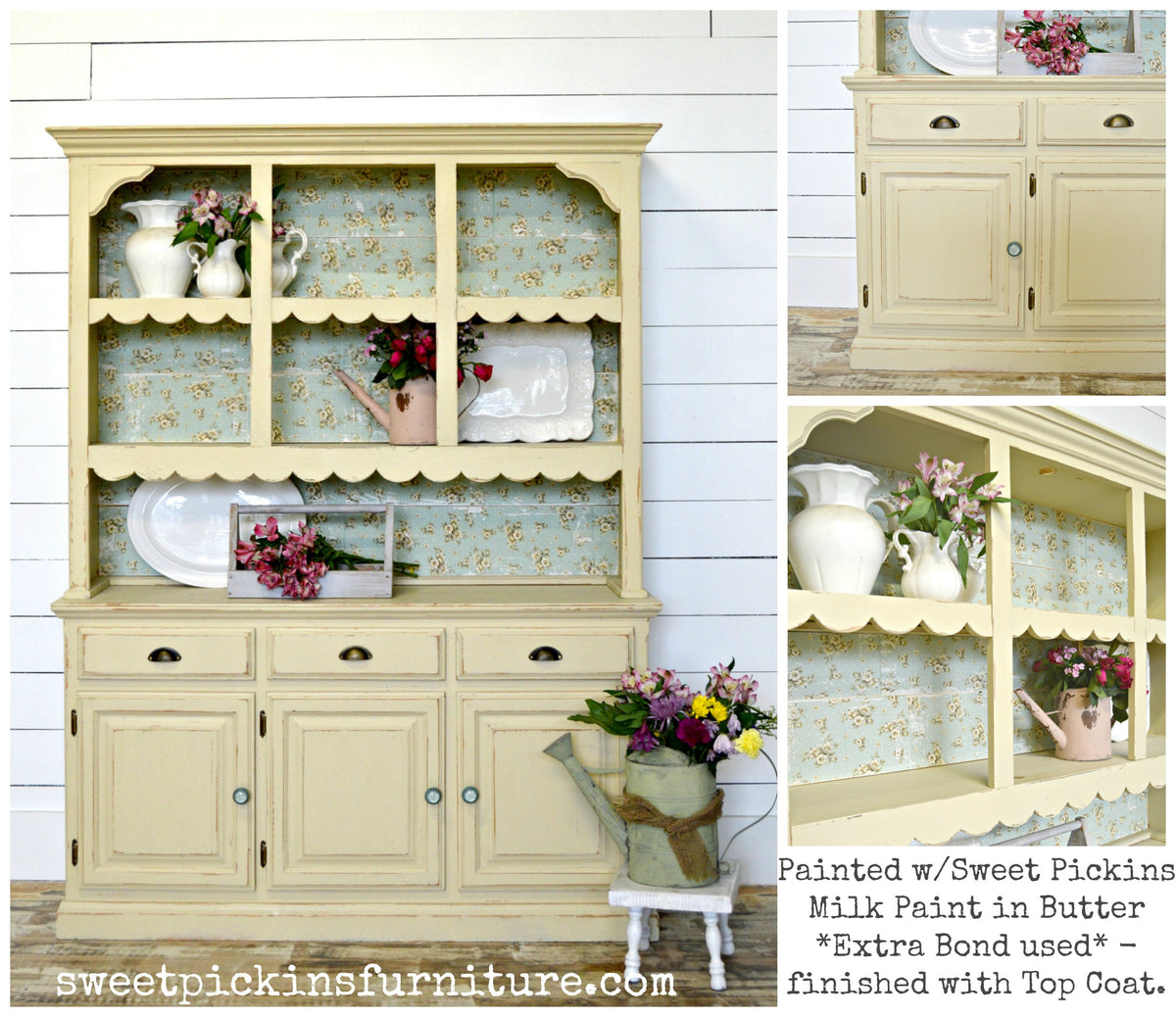 Cream hutch with shelves, floral back, and cabinets painted in Butter by Old Fashioned Milk Paint; flower accents.