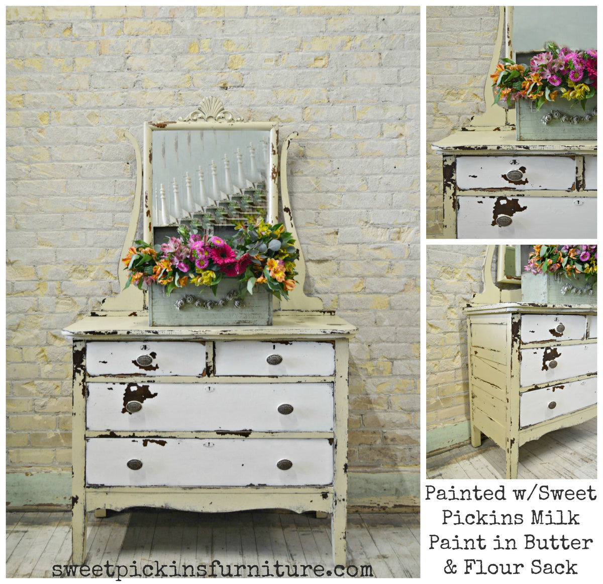 Distressed dresser in Butter by Old Fashioned Milk Paint with metal handles and floral accents.