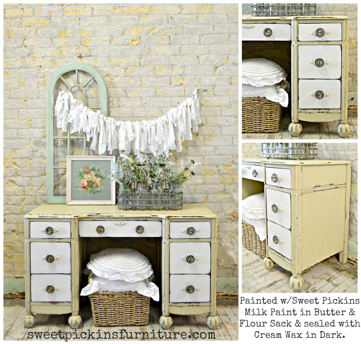 Yellow Butter-painted vintage desk by Old Fashioned Milk Paint with decor, pillows, and garland.