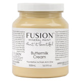 500mL Buttermilk Cream Fusion Mineral Paint (Seasonal) jar with branded label and instructions visible.