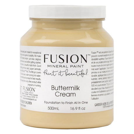500mL Buttermilk Cream Fusion Mineral Paint (Seasonal) jar with branded label and instructions visible.